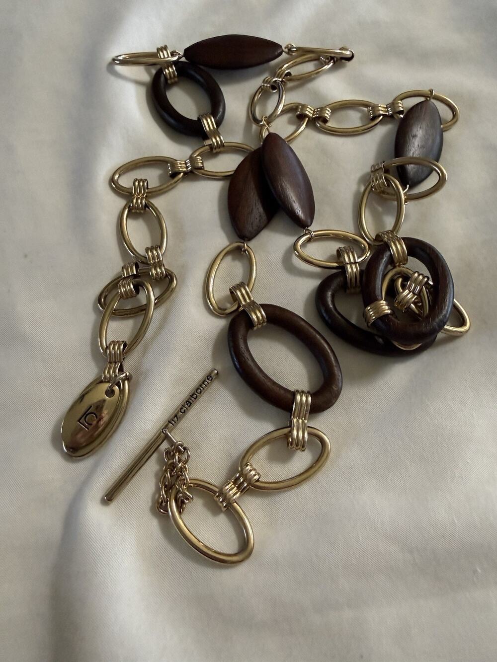 Vintage Liz Claiborne Retro Hard Wood Gold Tone Chain Link Belt 44” L